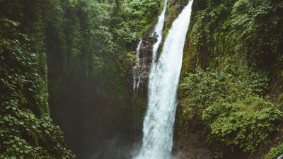 Mann vor Wasserfall im Dschungel