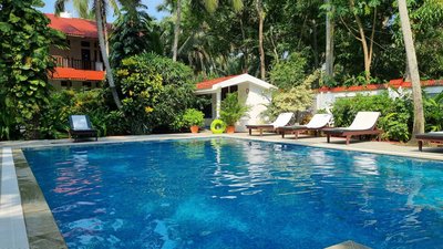 Außenpool mit Sonnenliegen inmitten exotischer Vegetation