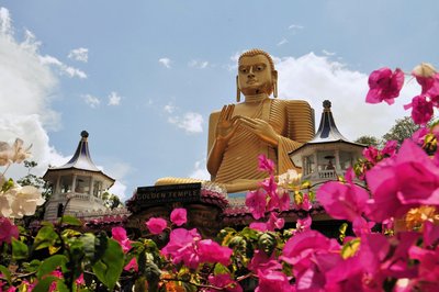 Buddha ist von Blumen umgeben