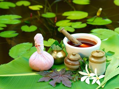 Die ayurvedische Medizin dient für wohltuende Massagen im Poovar Island Resort 