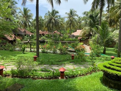 Die weitläufige Anlage des Sitaram Beach Retreat ist gesäumt von unzähligen Palmen 
