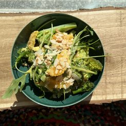 Schüssel mit ayurvedischem Essen aus Brokkoli, Salat und Orangen