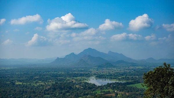 Die Landschaft Sri Lankas mit Bäumen, Bergen und einem See